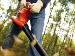 A man cleaning up the yard with a leaf blower